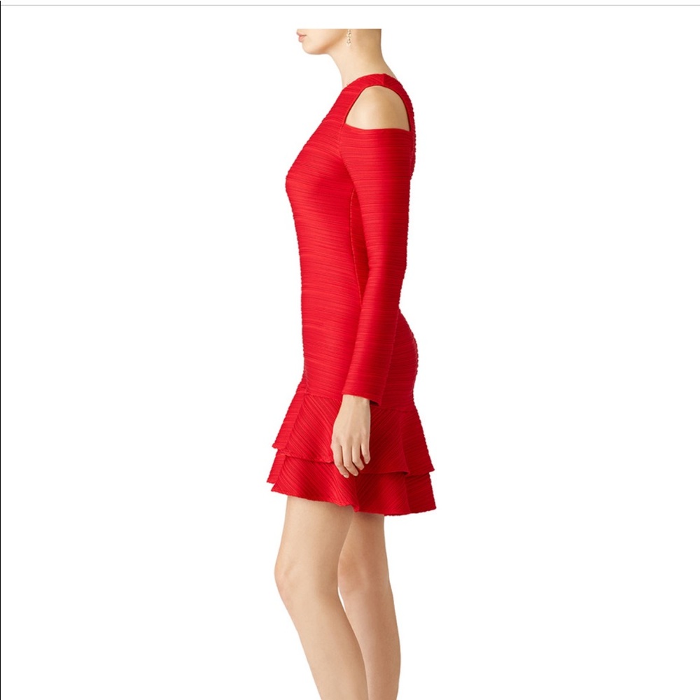 Shoshanna Red Ottoman Jacquard Dress cold shoulder - Picture 5 of 8